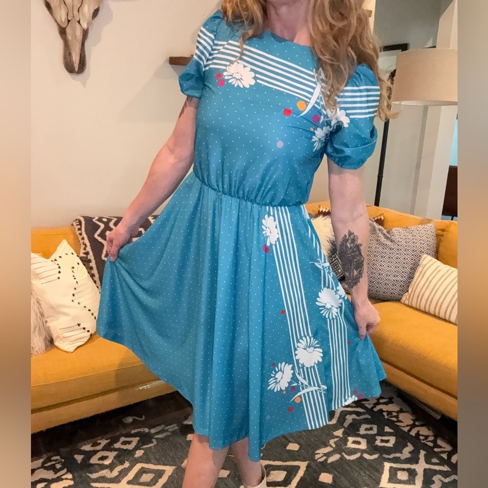 Vintage Blue Floral Polka Dot Dress